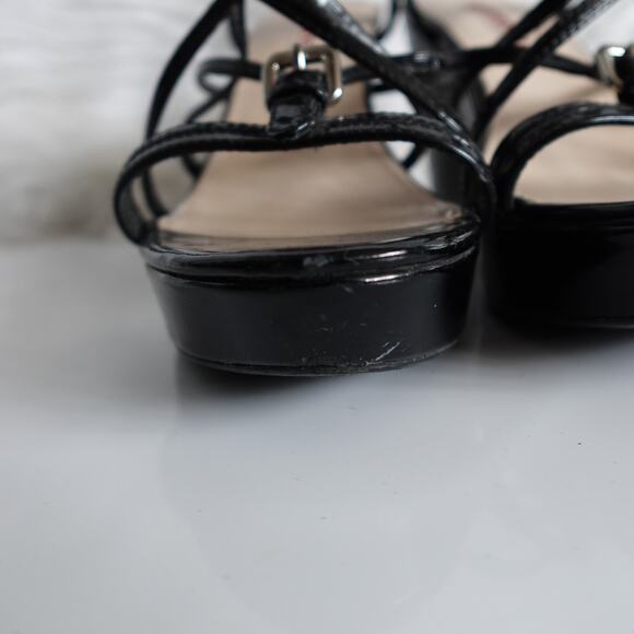 Prada Black Patent Leather Strappy Buckled Wedge Sandals - Picture 7 of 16